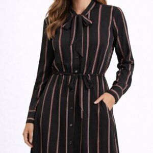 Ann Taylor Black Stripe Midi Shirt Dress Long Sleeve Button Front Tie Neck -  S